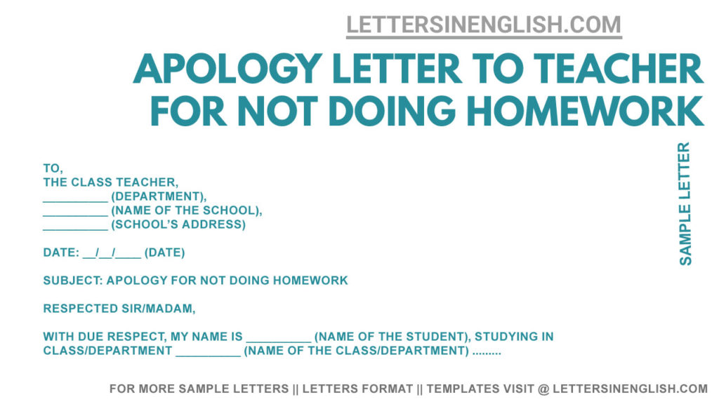 sample apology letter to teacher for not doing homework in English, apology letter to teacher for homework not done, apology letter for homework not done
