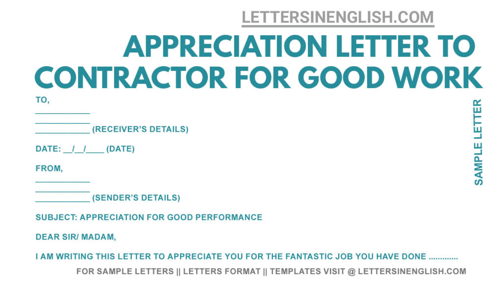 sample letter to the contractor appreciating for good work done, how to write appreciation letter to contractor for good performance, appreciation letter sample