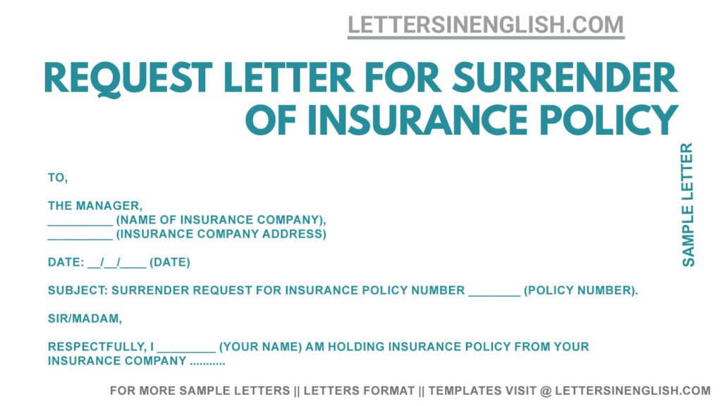 Request Letter for Surrender of Insurance Policy, sample request letter for insurance policy surrender